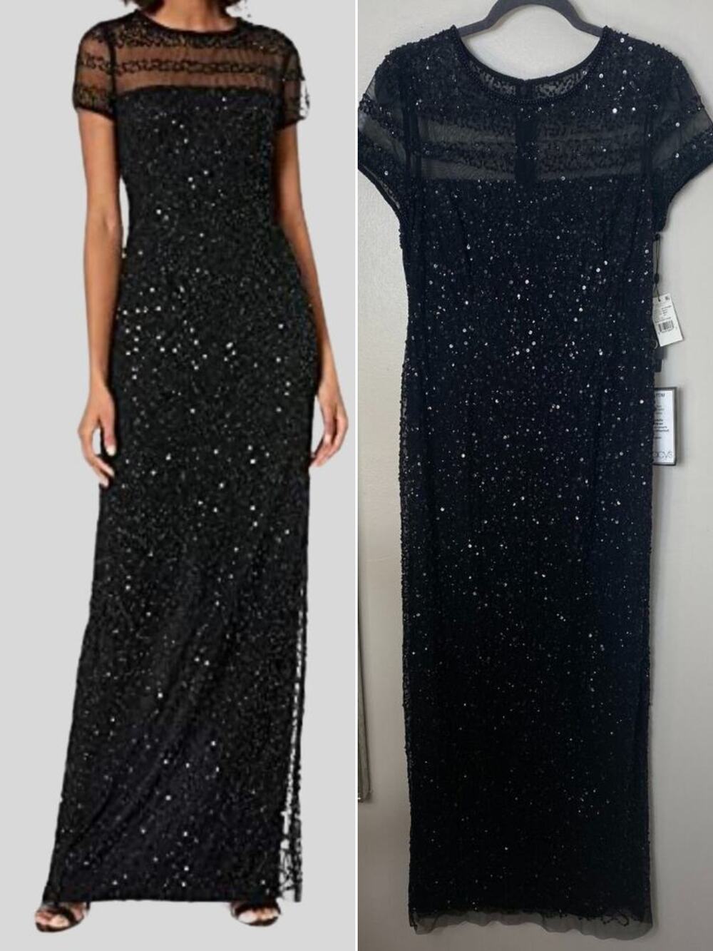 Adrianna Papell Black Sequin Beaded Dress Wedding Guest Mother of the Bride Gown